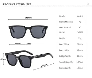 Detailed size chart for ZN3822 square sunglasses with precise frame dimensions