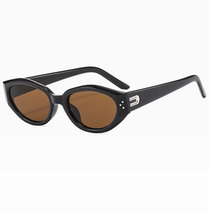 Macro view of retro oval black sunglasses featuring silver triple-dot metal hardware detail