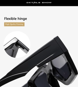 Detail show of flexible hinge and high quality painting on black square frame sunglasses