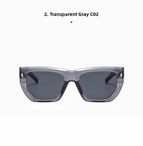 Detailed view of transparent grey oversized square sunglasses with C02 metal temple hinges