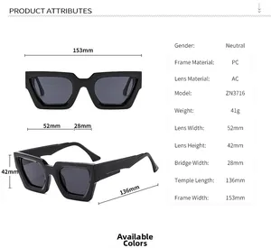 Detailed size chart for square sunglasses showing lens, bridge and temple dimensions