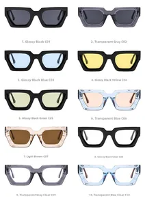 Grid view of rectangle thick frame sunglasses and blue light glasses in various colors