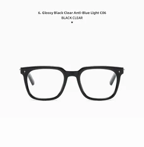 Close-up of black square glasses frame featuring silver star rivets and blue light lens