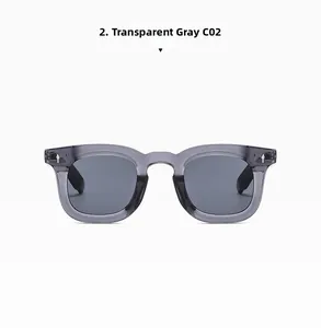 Detailed view of fashionable round frame sunglasses in transparent grey finish, model C02