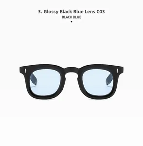 Retro round black frame sunglasses with light blue lenses and silver arrow detail