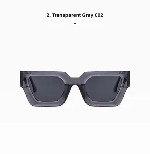 Detail view of transparent grey thick-frame sunglasses with C02 grey lenses for women