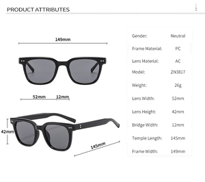 Detailed size chart of square black polarized sunglasses with PC frame and AC lens