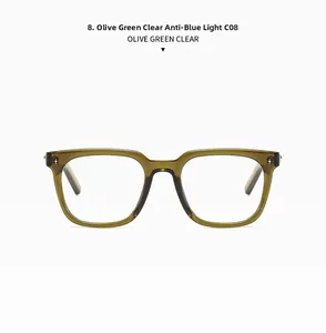 Detailed side view of olive green square glasses with star rivets and anti-blue light lenses