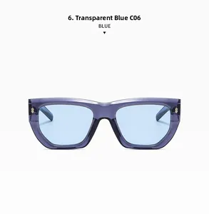 Detail view of transparent blue oversized square sunglasses with high-quality lenses