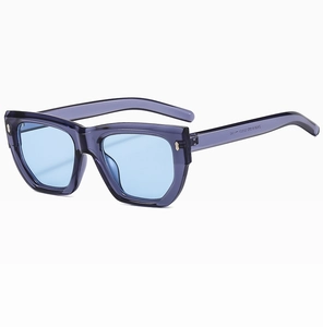 Detailed macro view of purple translucent sunglasses with gold rivets and light blue lenses
