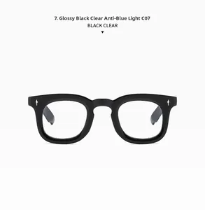 Detail of retro oversized black frames with silver diamond studs and blue light lenses