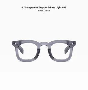 Detailed front view of grey clear square frame glasses with silver diamond rivets