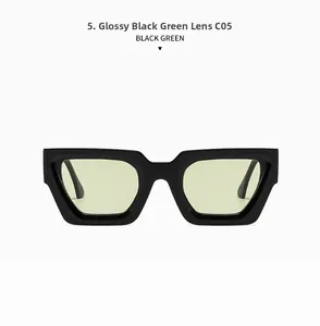 Rectangle thick frame sunglasses in bright black finish with light green lenses C05