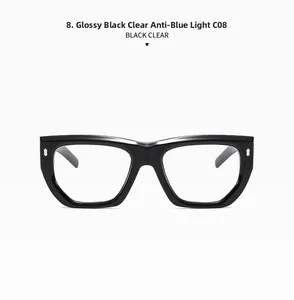 Detail of glossy black square frame sunglasses with silver rivets and clear lenses