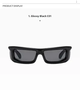 Detail view of bright black Y2K rectangular sunglasses with dark grey lenses and thick frame