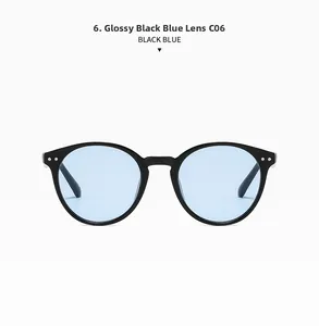 Detailansicht der runden schwarzen Brille mit hellblauen Gläsern und Modellnummer C06