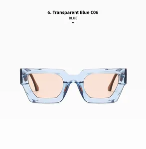 Detail of transparent blue square sunglasses frame with amber lenses and C06 code