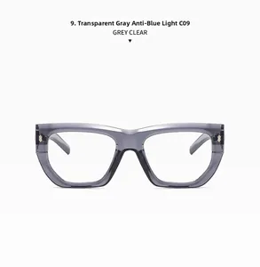 Detail view of transparent grey oversized frames with blue light blocking lenses