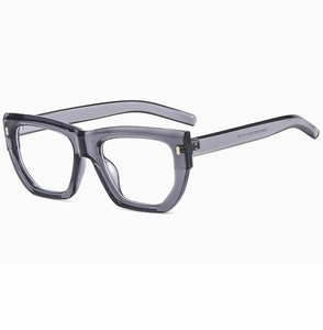Detailed close-up showing the transparent grey frame texture and metal rivets on the temples