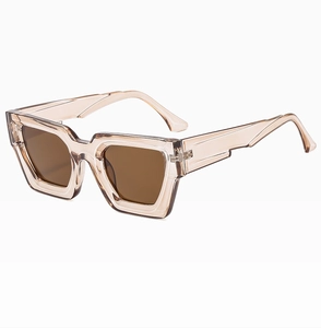 Makro-Detail der dicken Champagner-Rahmen und braunen Gläser der Retro-Rechteck-Sonnenbrille