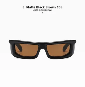 Close-up of Y2K futuristic sunglasses in matte black with brown lenses, model C05