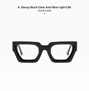 Detail view of thick black square frames with anti-blue light clear lenses and C08 code