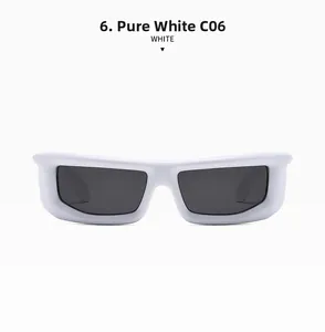 Detail view of solid white rectangle Y2K sunglasses with dark grey UV400 lenses