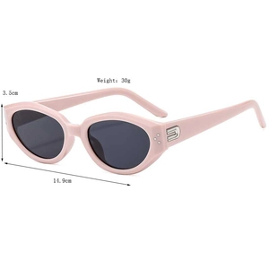 Pink oval cat-eye sunglasses with metal accents and dimensions 14.9cm by 3.5cm