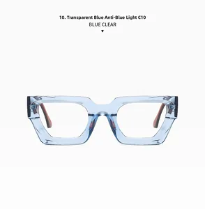 Detail of transparent blue thick rectangular frame sunglasses with anti-blue light lenses
