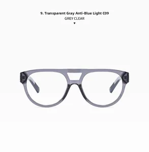 Vista frontale di occhiali oversize grigio trasparente con doppio ponte e lenti anti-blu