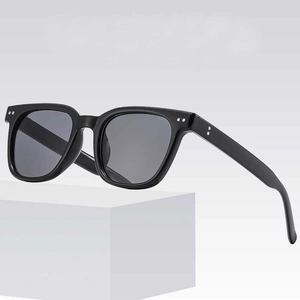 Classic black square frame sunglasses with dark grey lenses and dual rivet details