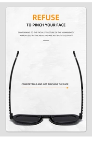 Ergonomic detail of black rectangle sunglasses showing flexible anti-slip temples
