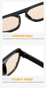 Detail view of smooth integrated nose pads and durable metal hinges of the sunglasses