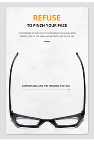 Detail view of ergonomic curved temples on black geometric glasses for stable fit