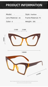 Detailed size specifications of cat eye glasses frame with AC lens and PC material