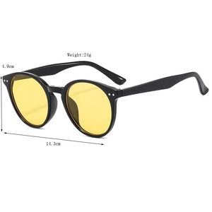 Retro round frame sunglasses with black frame and yellow lenses including size dimensions