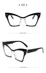 Front and side views of model C3 black and white cat-eye eyeglasses frames in light acetate
