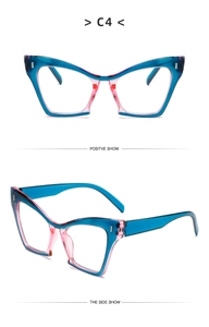 Cat-eye glasses frame featuring a blue and pink gradient design with side metal accents