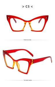 Detailed front and side views of orange gradient cat-eye thick frames with metal studs