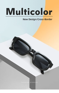 Detail view of stylish black rectangular sunglasses model CY55 on a designer display stand