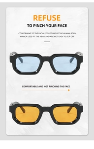 Detail showing ergonomic temples of square sunglasses with blue and orange lenses