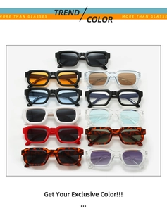 Collection of rectangle sunglasses in multiple colors including ice blue and tortoiseshell