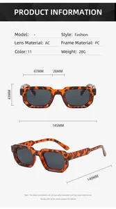 Detailed size guide for square frame sunglasses with frame width and lens measurements