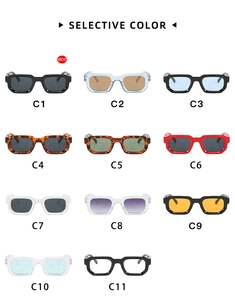 Matrix display of eleven square frame sunglasses in various colors and tinted lenses