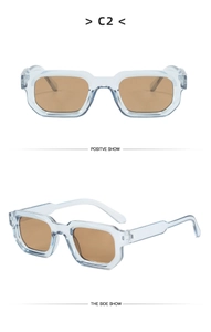 Detailed views showing a transparent blue rectangular frame with brown tinted lenses