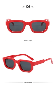 Close-up of red square frame sunglasses with dark lenses from front and side angles