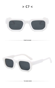 Detailed front and side views of chunky white square sunglasses with dark grey lenses