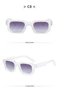 Detailed front and side views of transparent blue square sunglasses with purple gradient lenses