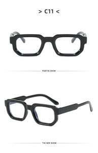 Front and side view of square thick frame sunglasses in glossy black finish, model C11