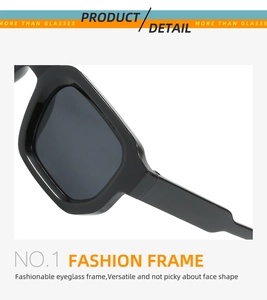 Close-up of sleek black square frame sunglasses showing side temple hinge details